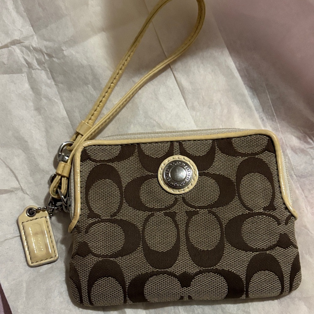 Coach Brown Signature Canvas Wristlet with Cream Trim